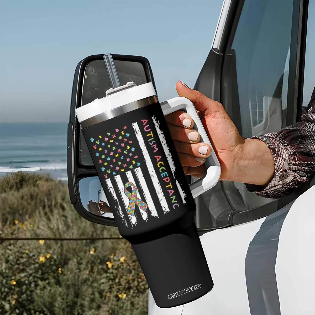 Autism Acceptance Tumbler With Handle American Flag Neurodivergent Support Ribbon Puzzle TS14 Print Your Wear