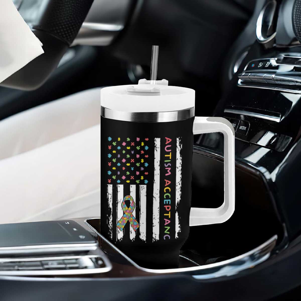Autism Acceptance Tumbler With Handle American Flag Neurodivergent Support Ribbon Puzzle TS14 Print Your Wear