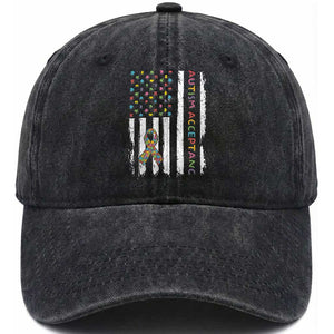 Autism Acceptance Washed Cotton Baseball Cap American Flag Neurodivergent Support Ribbon Puzzle TS14 Print Your Wear