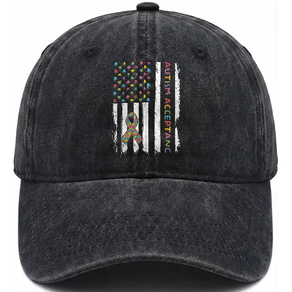 Autism Acceptance Washed Cotton Baseball Cap American Flag Neurodivergent Support Ribbon Puzzle TS14 Print Your Wear