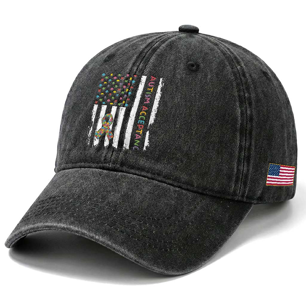 Autism Acceptance Washed Cotton Baseball Cap American Flag Neurodivergent Support Ribbon Puzzle TS14 Print Your Wear