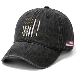 Autism Acceptance Washed Cotton Baseball Cap American Flag Neurodivergent Support Ribbon Puzzle TS14 Print Your Wear