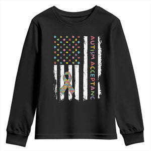 Autism Acceptance Youth Sweatshirt American Flag Neurodivergent Support Ribbon Puzzle TS14 Black Print Your Wear