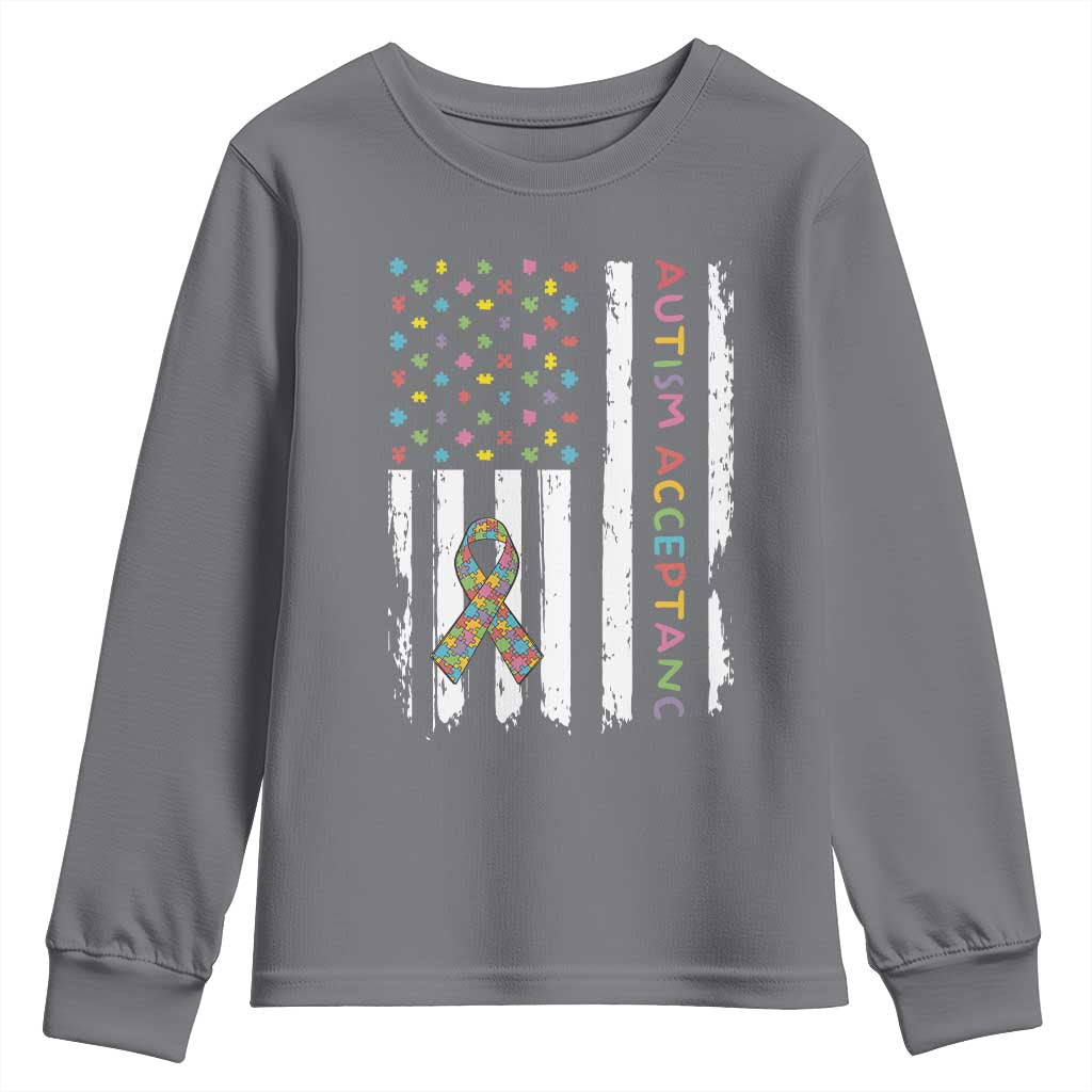 Autism Acceptance Youth Sweatshirt American Flag Neurodivergent Support Ribbon Puzzle TS14 Charcoal Print Your Wear