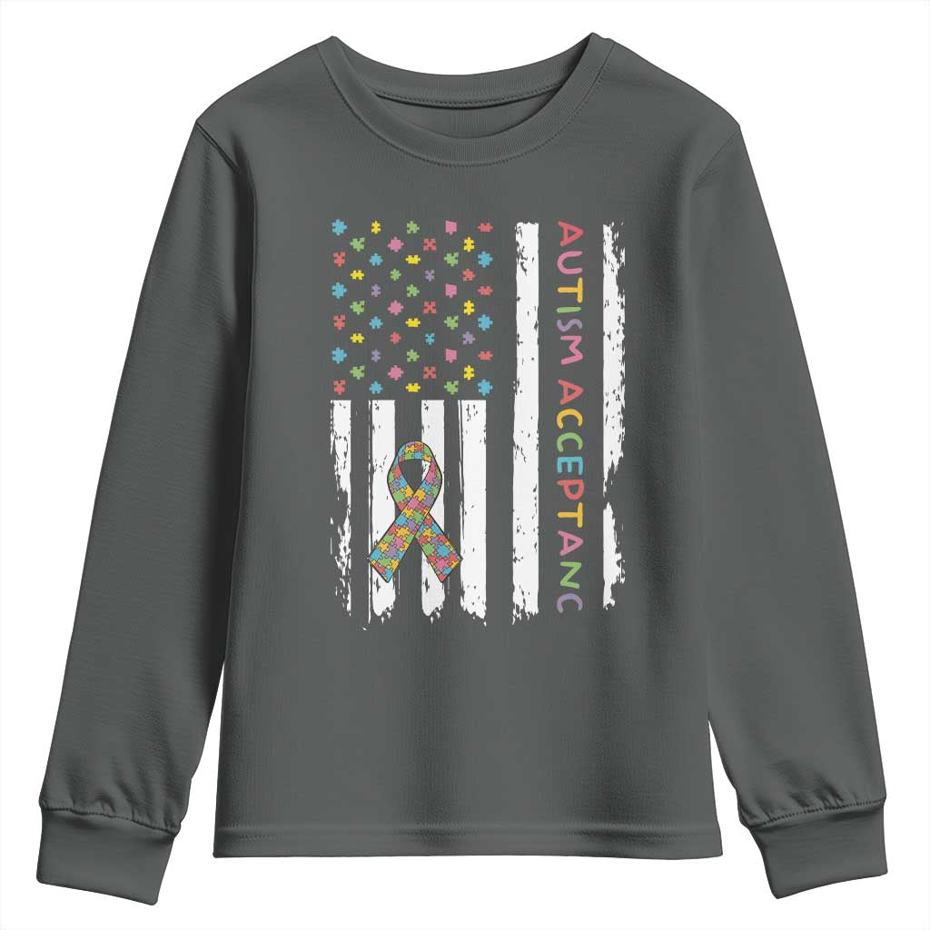 Autism Acceptance Youth Sweatshirt American Flag Neurodivergent Support Ribbon Puzzle TS14 Dark Heather Print Your Wear