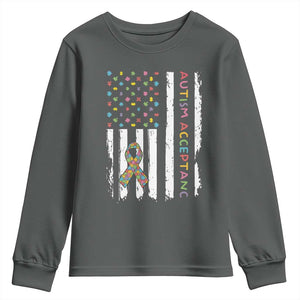 Autism Acceptance Youth Sweatshirt American Flag Neurodivergent Support Ribbon Puzzle TS14 Dark Heather Print Your Wear