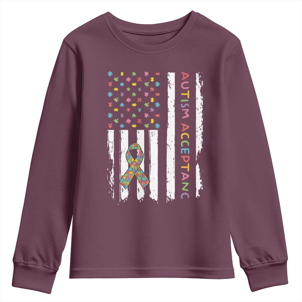 Autism Acceptance Youth Sweatshirt American Flag Neurodivergent Support Ribbon Puzzle TS14 Maroon Print Your Wear