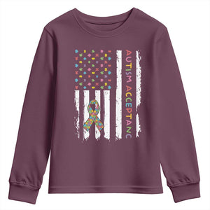 Autism Acceptance Youth Sweatshirt American Flag Neurodivergent Support Ribbon Puzzle TS14 Maroon Print Your Wear