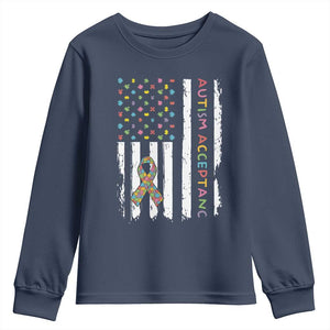 Autism Acceptance Youth Sweatshirt American Flag Neurodivergent Support Ribbon Puzzle TS14 Navy Print Your Wear