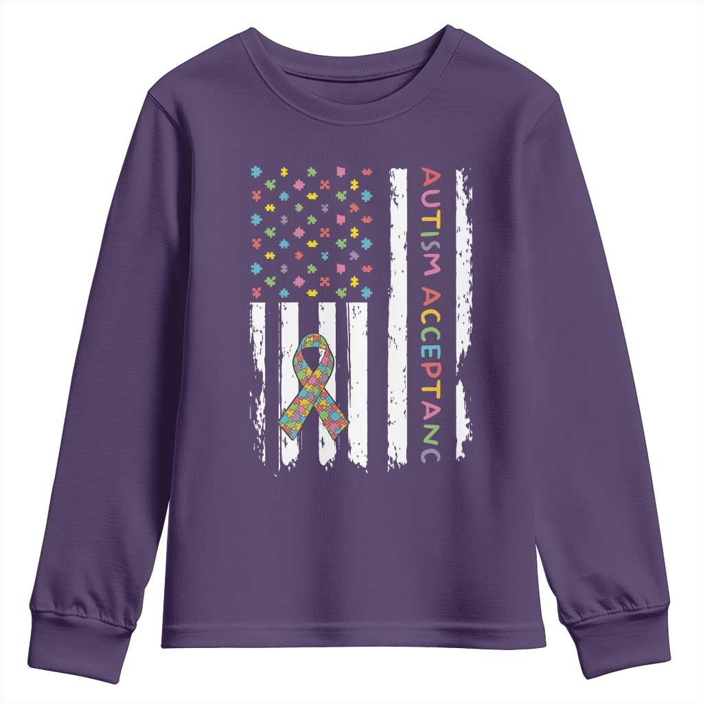 Autism Acceptance Youth Sweatshirt American Flag Neurodivergent Support Ribbon Puzzle TS14 Purple Print Your Wear