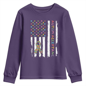 Autism Acceptance Youth Sweatshirt American Flag Neurodivergent Support Ribbon Puzzle TS14 Purple Print Your Wear
