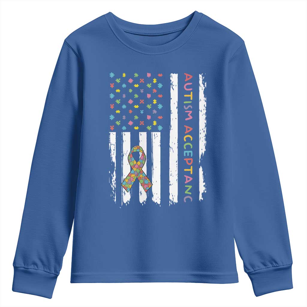 Autism Acceptance Youth Sweatshirt American Flag Neurodivergent Support Ribbon Puzzle TS14 Royal Blue Print Your Wear
