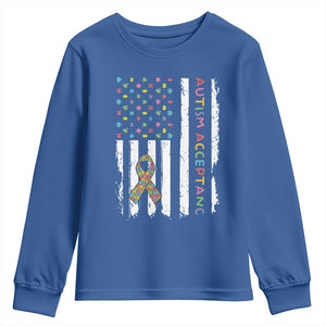 Autism Acceptance Youth Sweatshirt American Flag Neurodivergent Support Ribbon Puzzle TS14 Royal Blue Print Your Wear