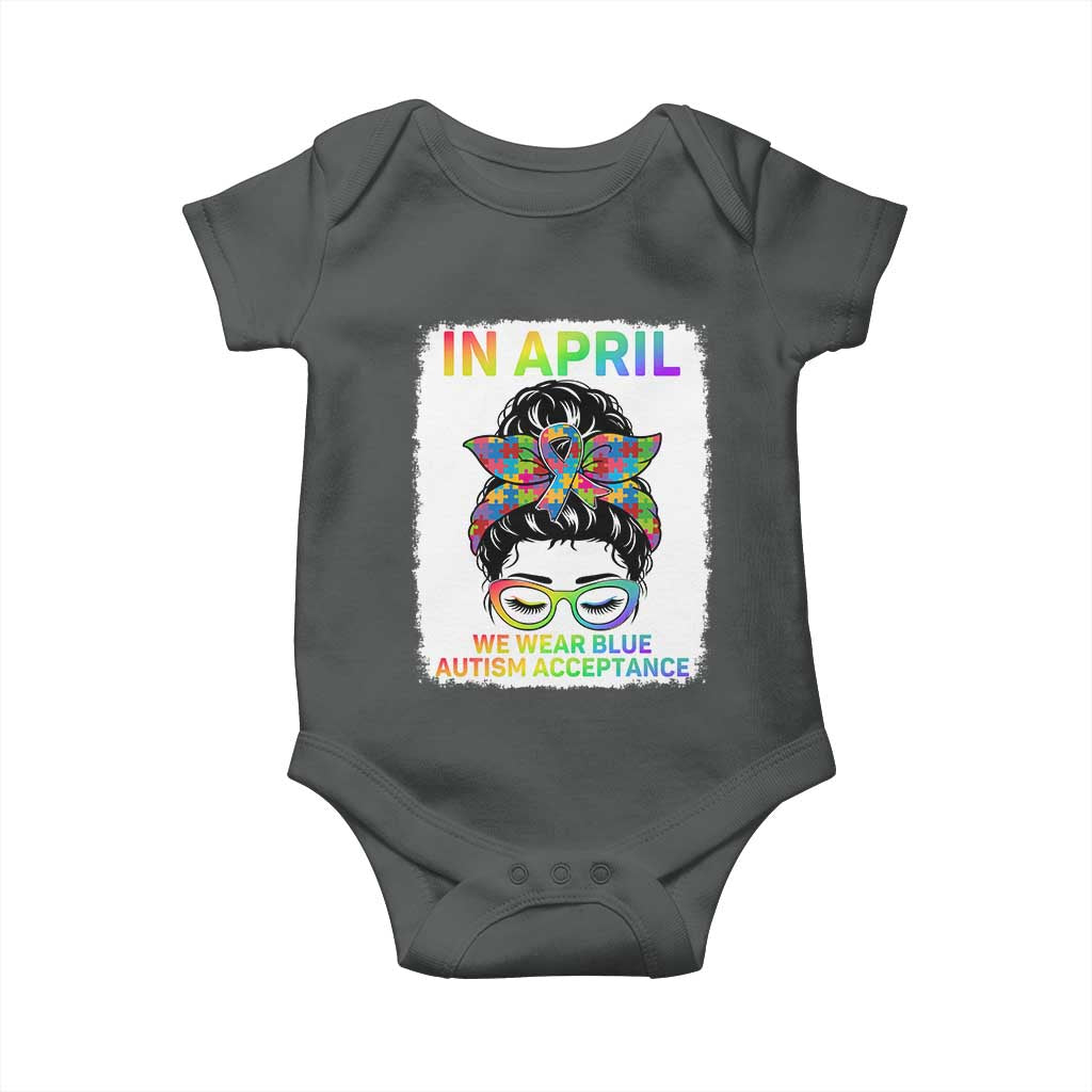 Autism Acceptance Baby Onesie Neurodivergent Support Messy Bun Ribbon Puzzle TS14 Dark Heather Print Your Wear