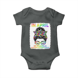 Autism Acceptance Baby Onesie Neurodivergent Support Messy Bun Ribbon Puzzle TS14 Dark Heather Print Your Wear