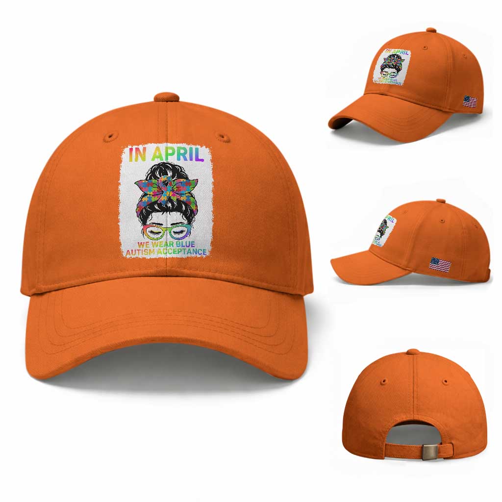 Autism Acceptance Baseball Cap Neurodivergent Support Messy Bun Ribbon Puzzle TS14 Baseball Cap Universal Fit Orange Print Your Wear