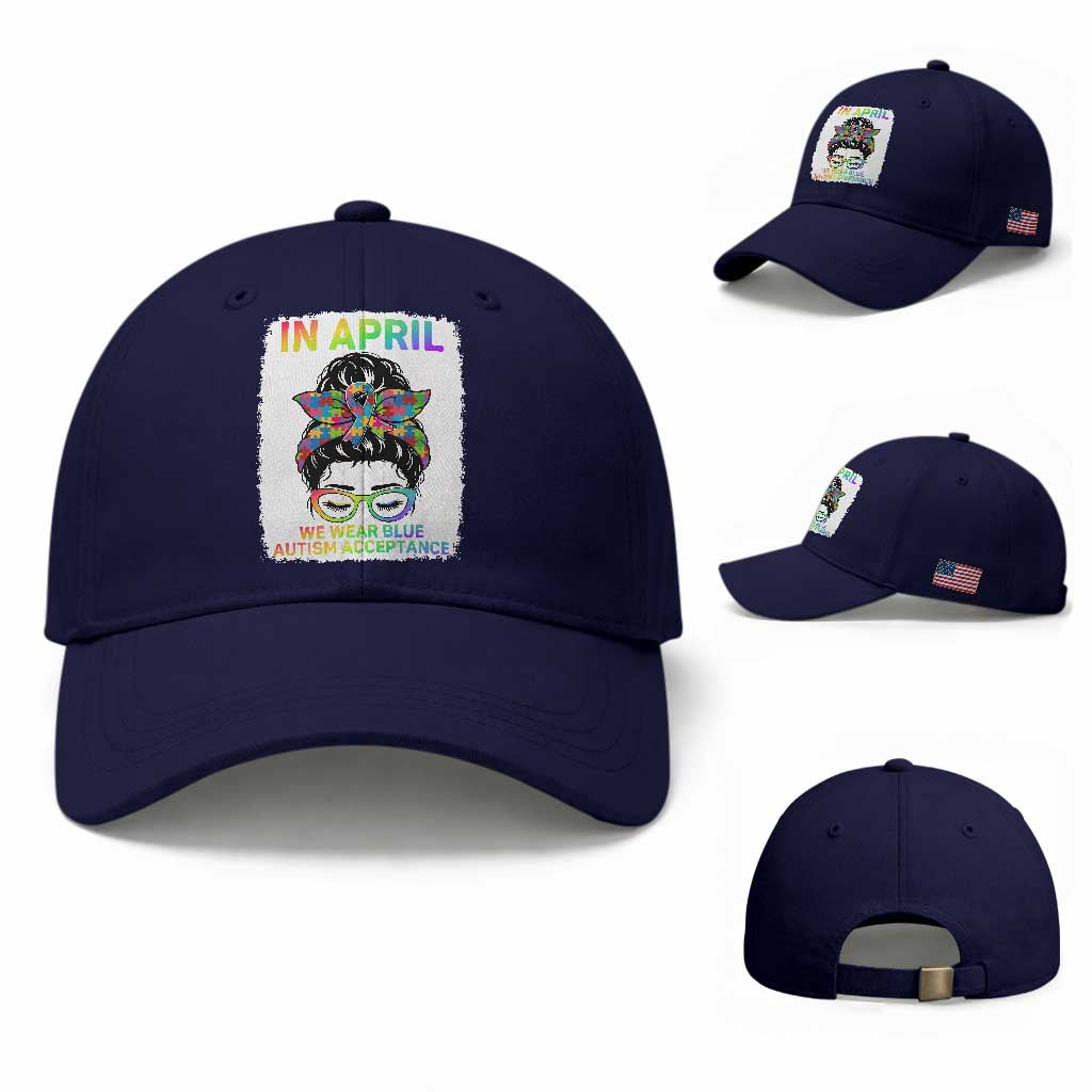 Autism Acceptance Baseball Cap Neurodivergent Support Messy Bun Ribbon Puzzle TS14 Baseball Cap Universal Fit Dark Blue Print Your Wear