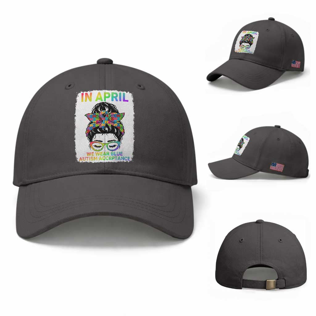 Autism Acceptance Baseball Cap Neurodivergent Support Messy Bun Ribbon Puzzle TS14 Baseball Cap Universal Fit Dark Gray Print Your Wear