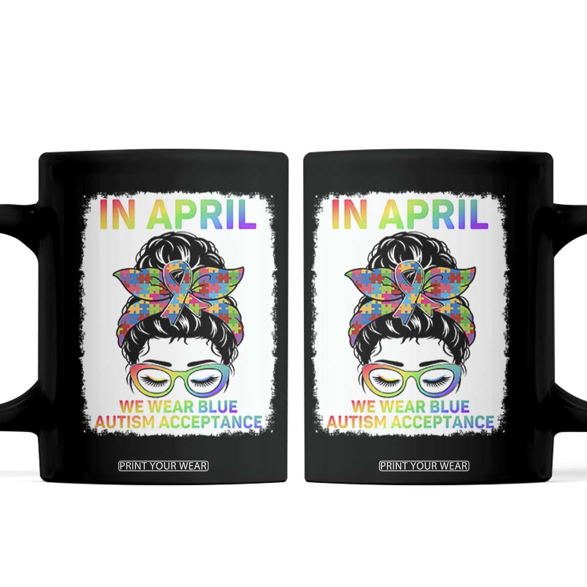 Autism Acceptance Coffee Mug Neurodivergent Support Messy Bun Ribbon Puzzle TS14 Black Print Your Wear