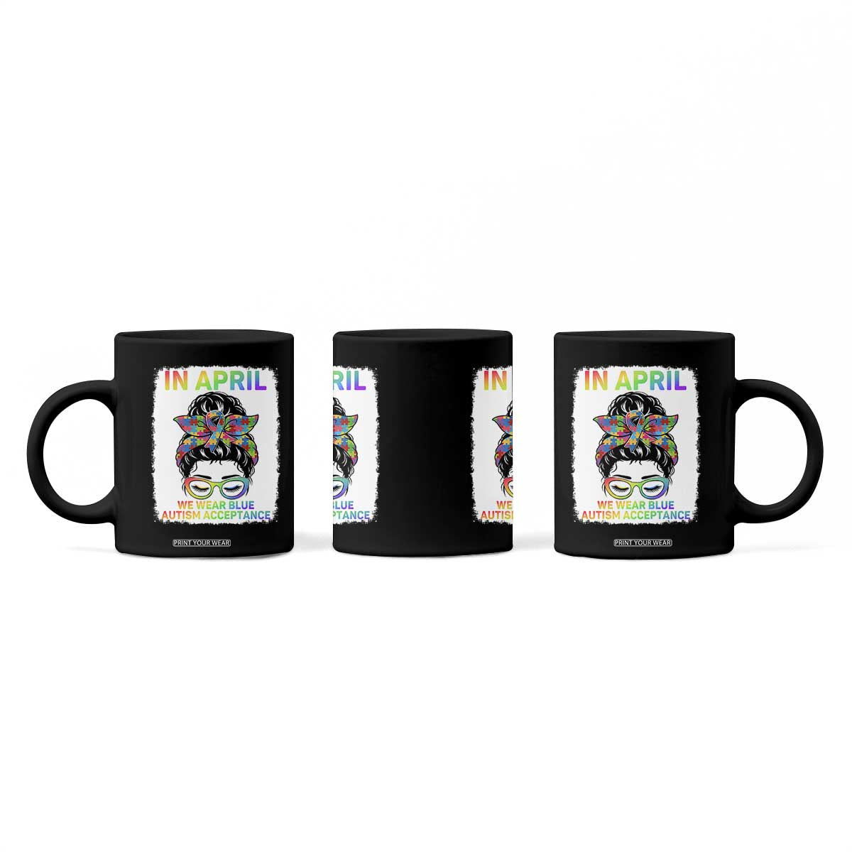 Autism Acceptance Coffee Mug Neurodivergent Support Messy Bun Ribbon Puzzle TS14 Print Your Wear