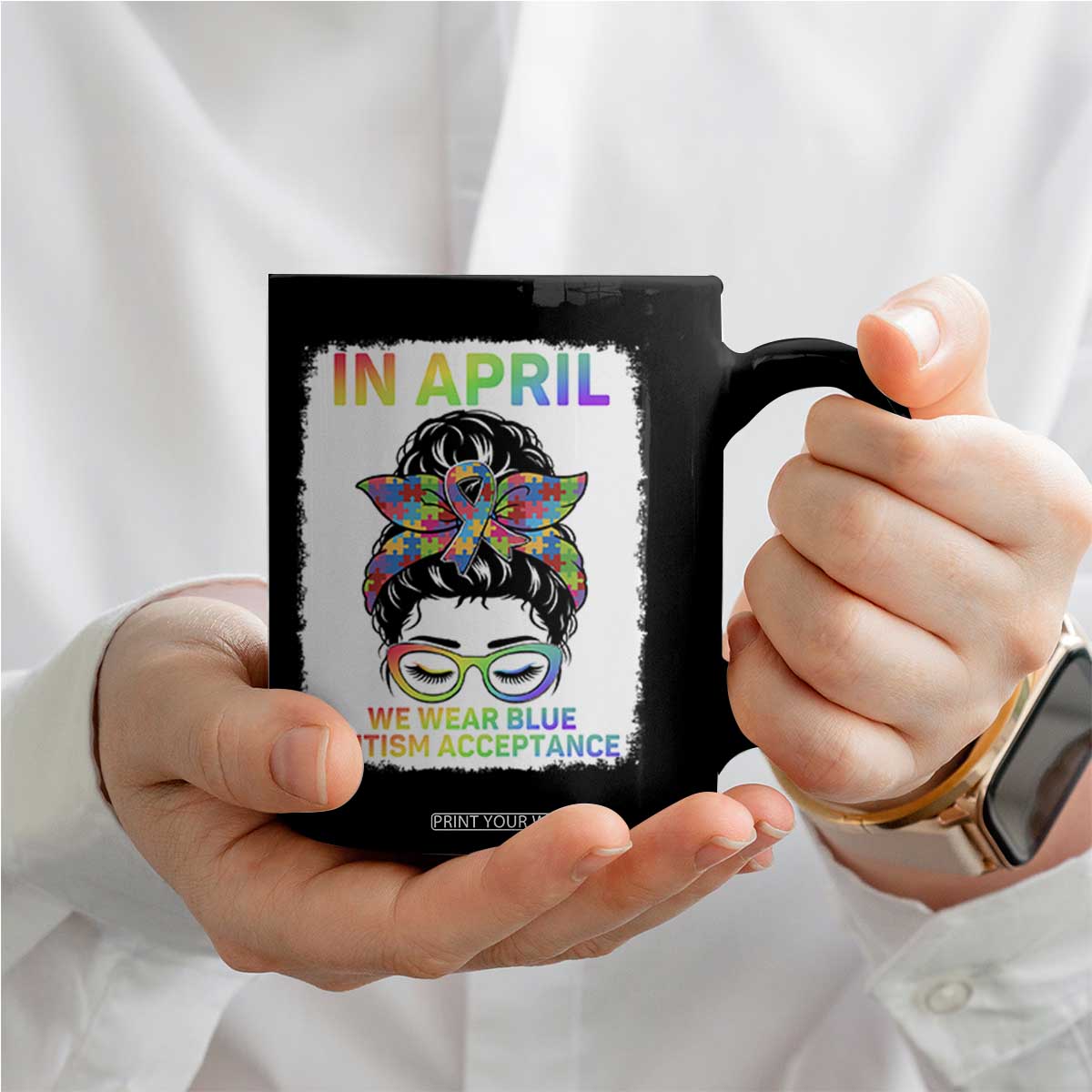 Autism Acceptance Coffee Mug Neurodivergent Support Messy Bun Ribbon Puzzle TS14 Print Your Wear