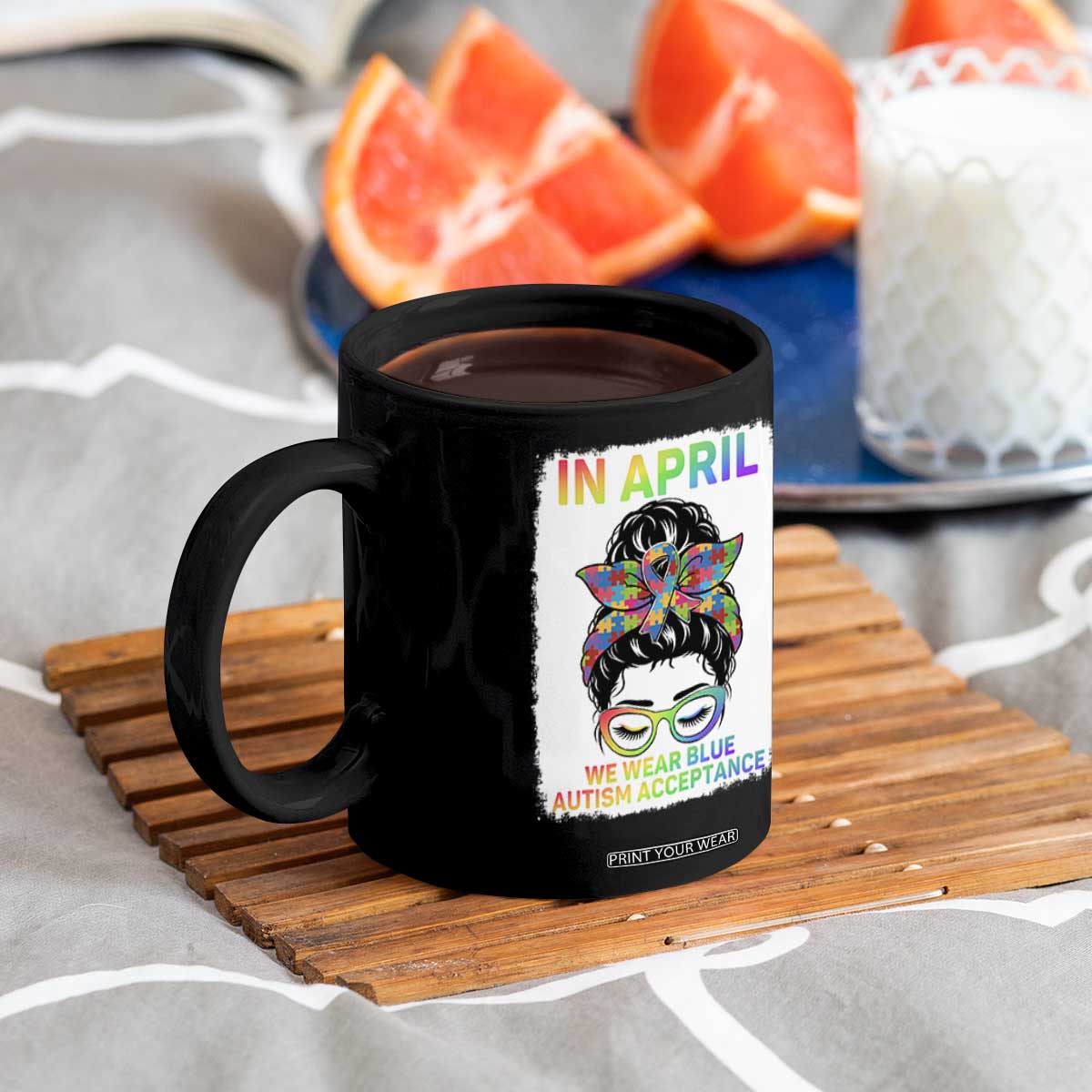 Autism Acceptance Coffee Mug Neurodivergent Support Messy Bun Ribbon Puzzle TS14 Print Your Wear