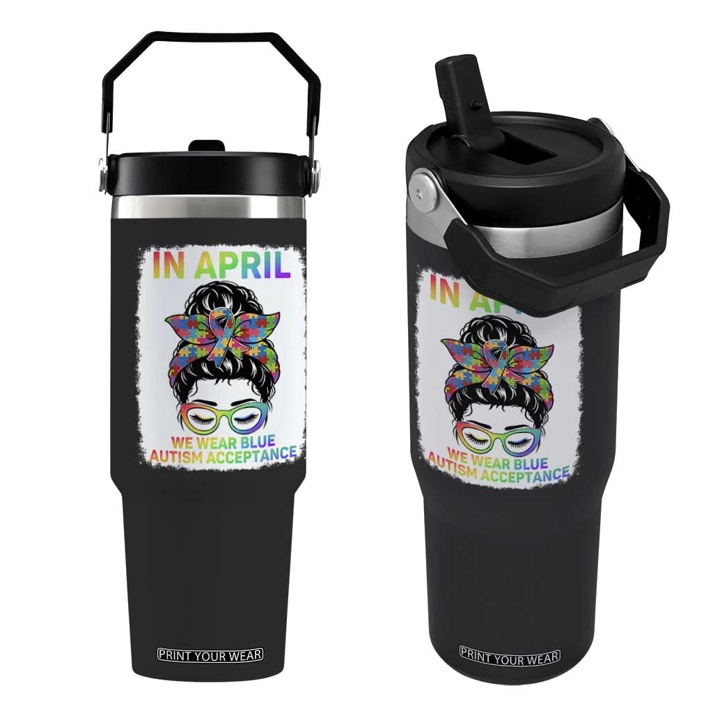 Autism Acceptance Flip Straw Tumbler Neurodivergent Support Messy Bun Ribbon Puzzle TS14 One Size: 30 oz Black Print Your Wear