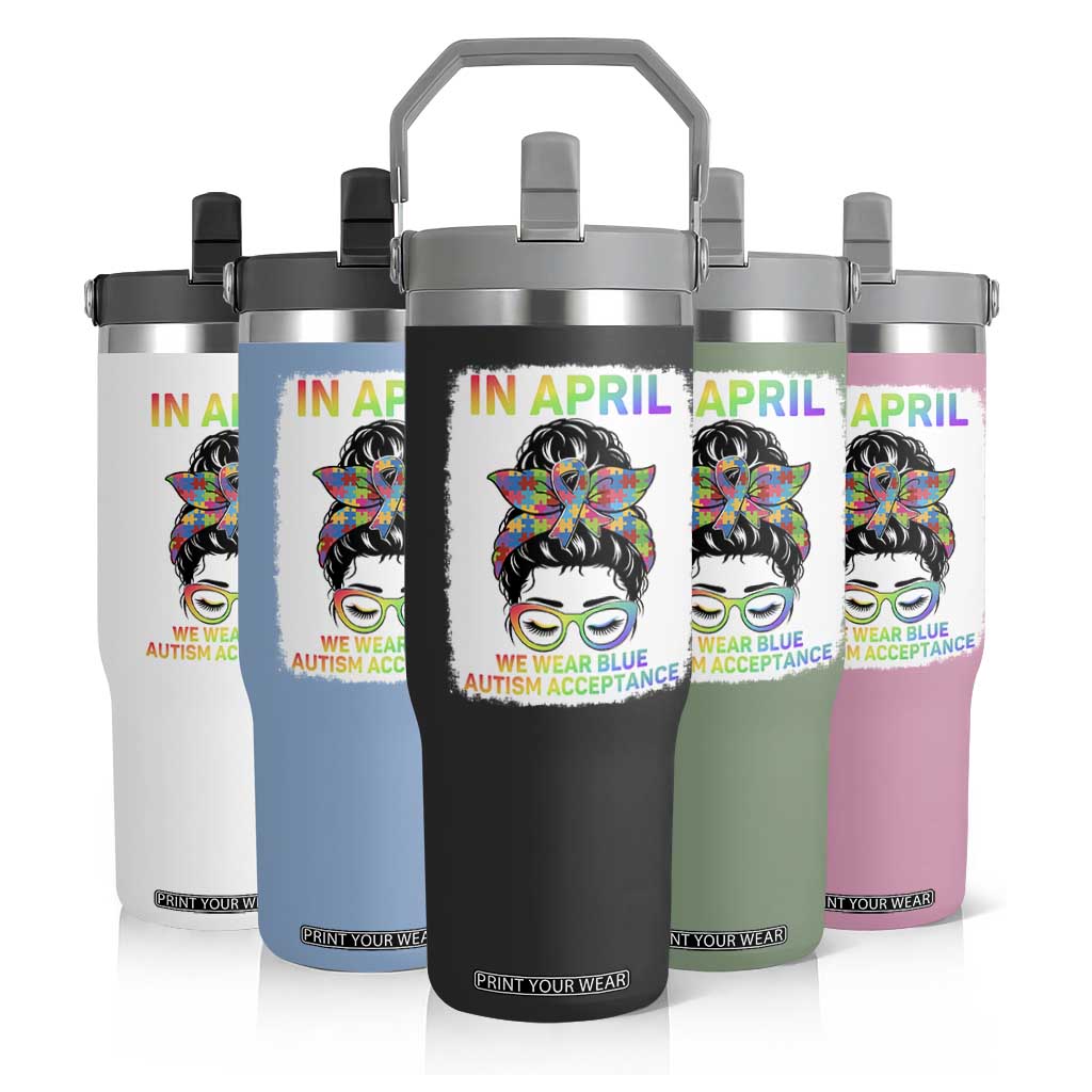 Autism Acceptance Flip Straw Tumbler Neurodivergent Support Messy Bun Ribbon Puzzle TS14 Print Your Wear