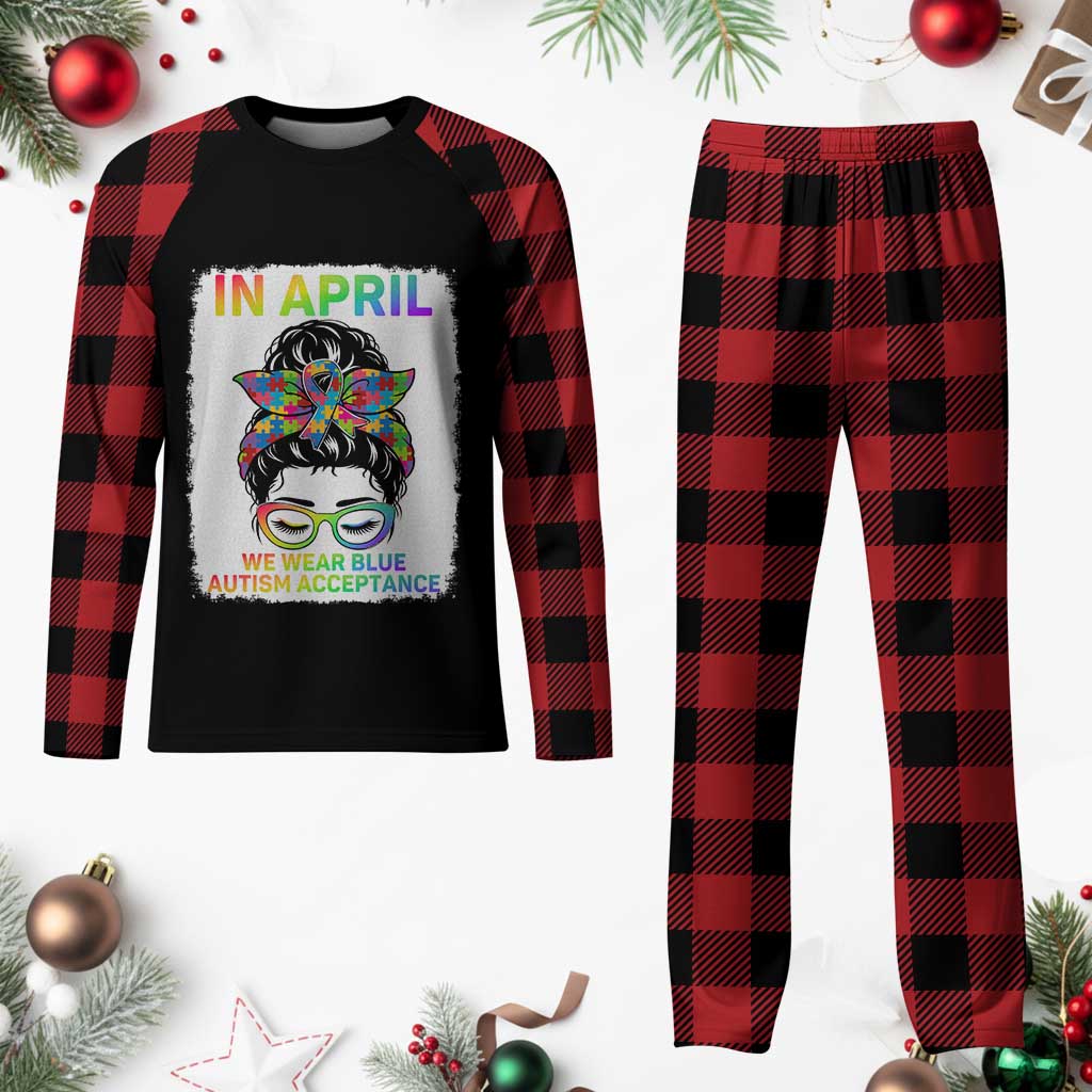 Autism Acceptance Plaid Pajama Set Neurodivergent Support Messy Bun Ribbon Puzzle TS14 Buffalo Plaid Print Your Wear