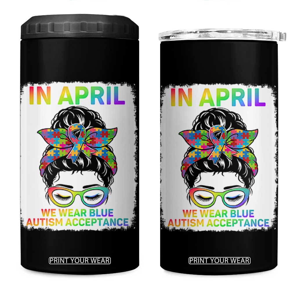 Autism Acceptance 4 in 1 Can Cooler Tumbler Neurodivergent Support Messy Bun Ribbon Puzzle TS14 One Size: 16 oz Black Print Your Wear