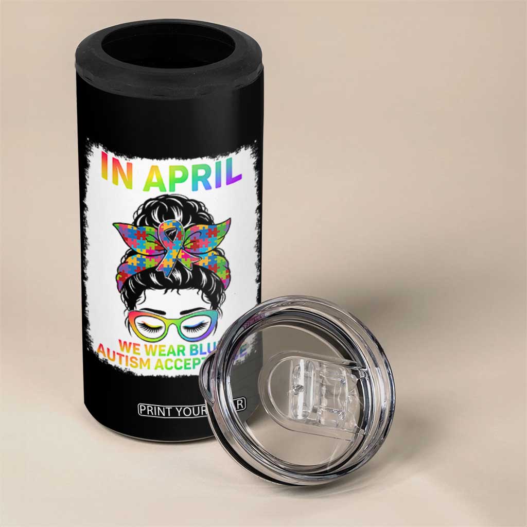 Autism Acceptance 4 in 1 Can Cooler Tumbler Neurodivergent Support Messy Bun Ribbon Puzzle TS14 Print Your Wear