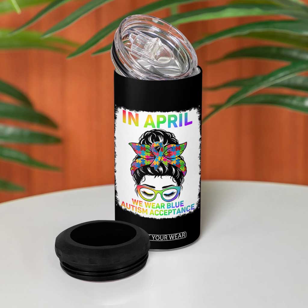 Autism Acceptance 4 in 1 Can Cooler Tumbler Neurodivergent Support Messy Bun Ribbon Puzzle TS14 Print Your Wear