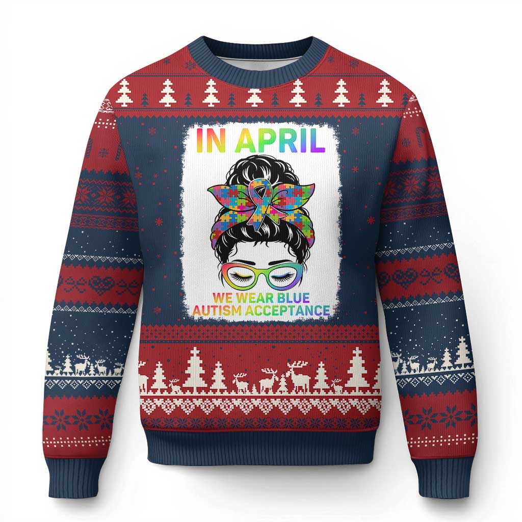Autism Acceptance Ugly Christmas Sweater Neurodivergent Support Messy Bun Ribbon Puzzle TS14 Navy Red Print Your Wear