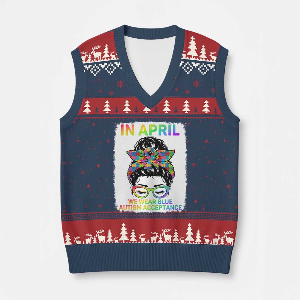 Autism Acceptance V-Neck Knit Sweater Vest Neurodivergent Support Messy Bun Ribbon Puzzle TS14 Navy Red Print Your Wear