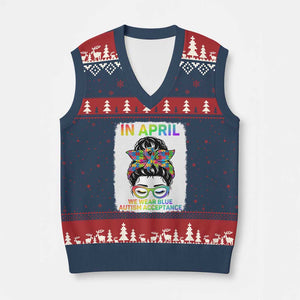 Autism Acceptance V-Neck Knit Sweater Vest Neurodivergent Support Messy Bun Ribbon Puzzle TS14 Navy Red Print Your Wear
