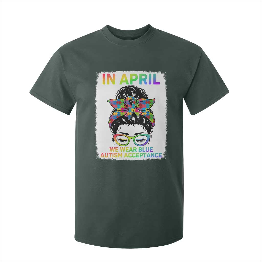 Autism Acceptance T Shirt For Kid Neurodivergent Support Messy Bun Ribbon Puzzle TS14 Dark Forest Green Print Your Wear