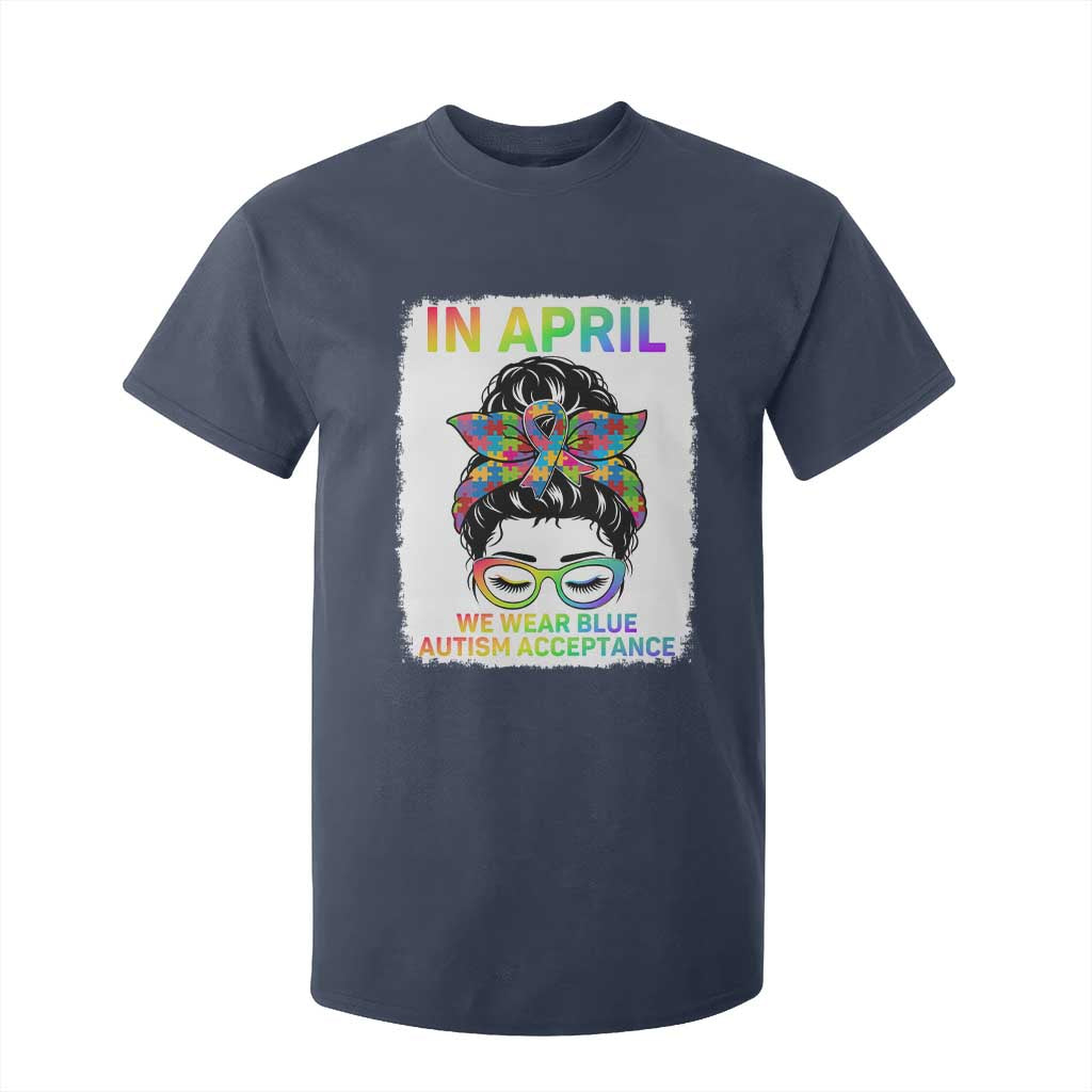 Autism Acceptance T Shirt For Kid Neurodivergent Support Messy Bun Ribbon Puzzle TS14 Navy Print Your Wear