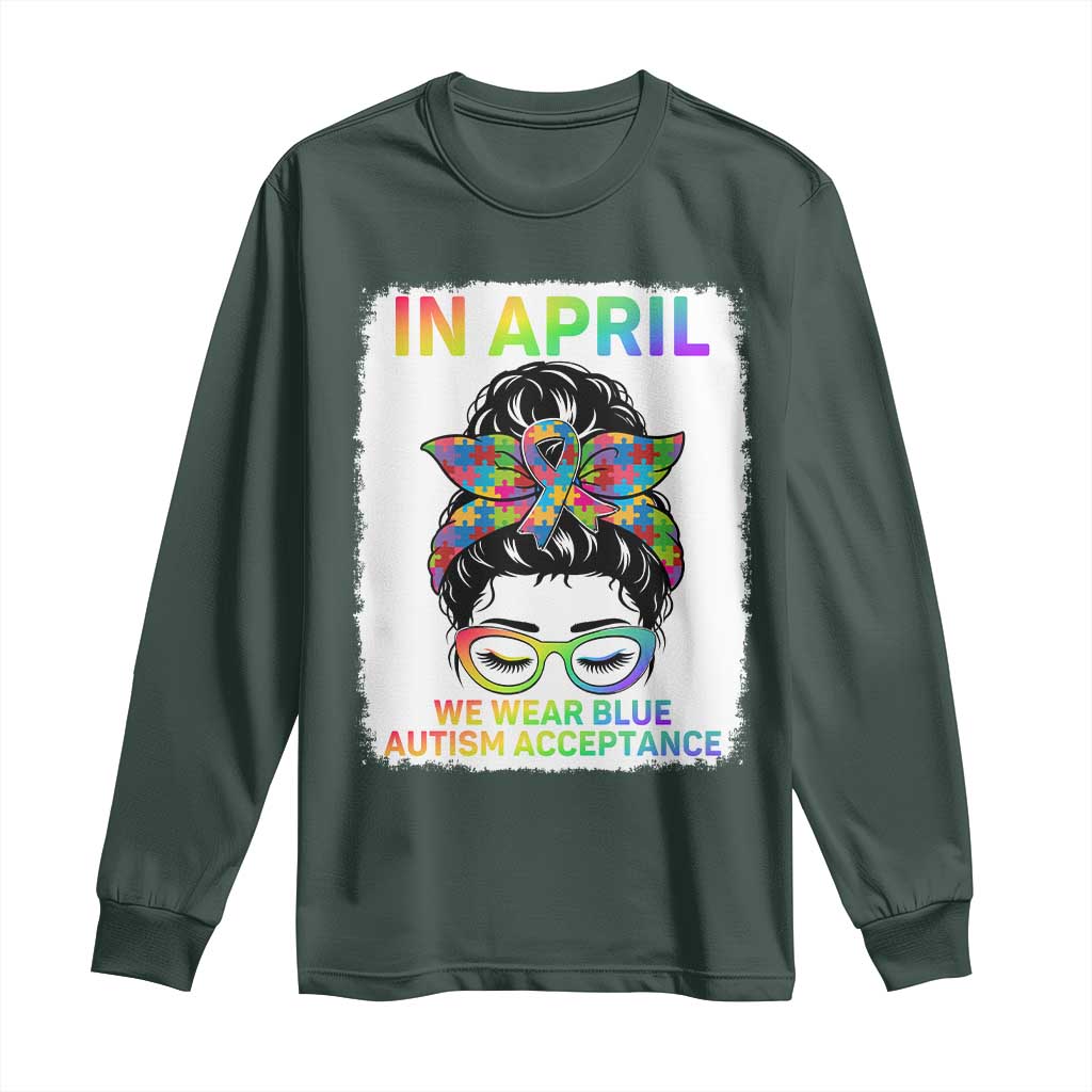 Autism Acceptance Long Sleeve Shirt Neurodivergent Support Messy Bun Ribbon Puzzle TS14 Dark Forest Green Print Your Wear