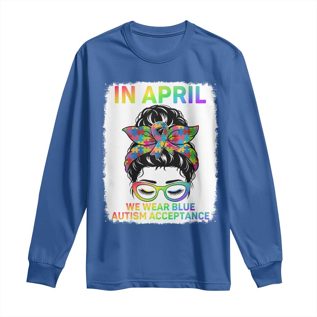 Autism Acceptance Long Sleeve Shirt Neurodivergent Support Messy Bun Ribbon Puzzle TS14 Royal Blue Print Your Wear