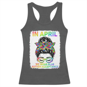 Autism Acceptance Racerback Tank Top Neurodivergent Support Messy Bun Ribbon Puzzle TS14 Dark Heather Print Your Wear