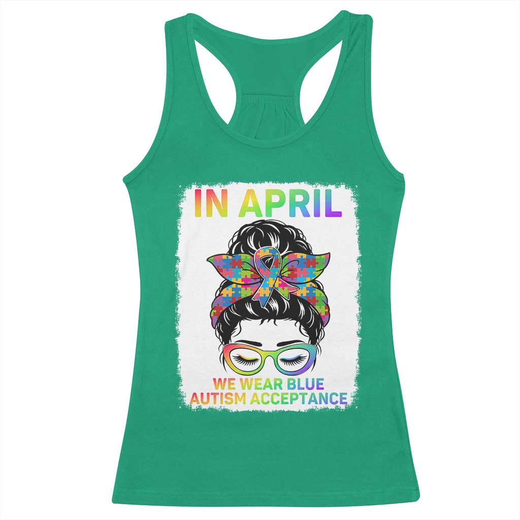 Autism Acceptance Racerback Tank Top Neurodivergent Support Messy Bun Ribbon Puzzle TS14 Irish Green Print Your Wear