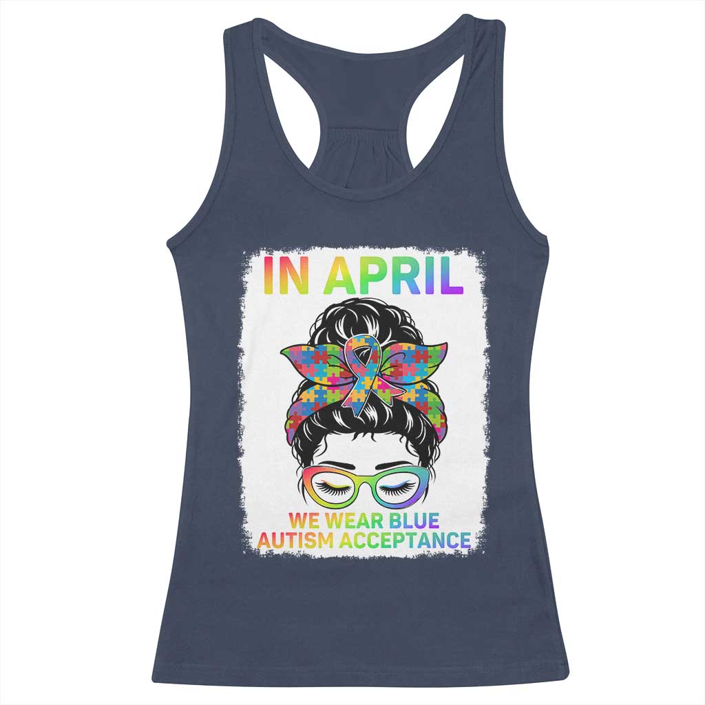 Autism Acceptance Racerback Tank Top Neurodivergent Support Messy Bun Ribbon Puzzle TS14 Navy Print Your Wear