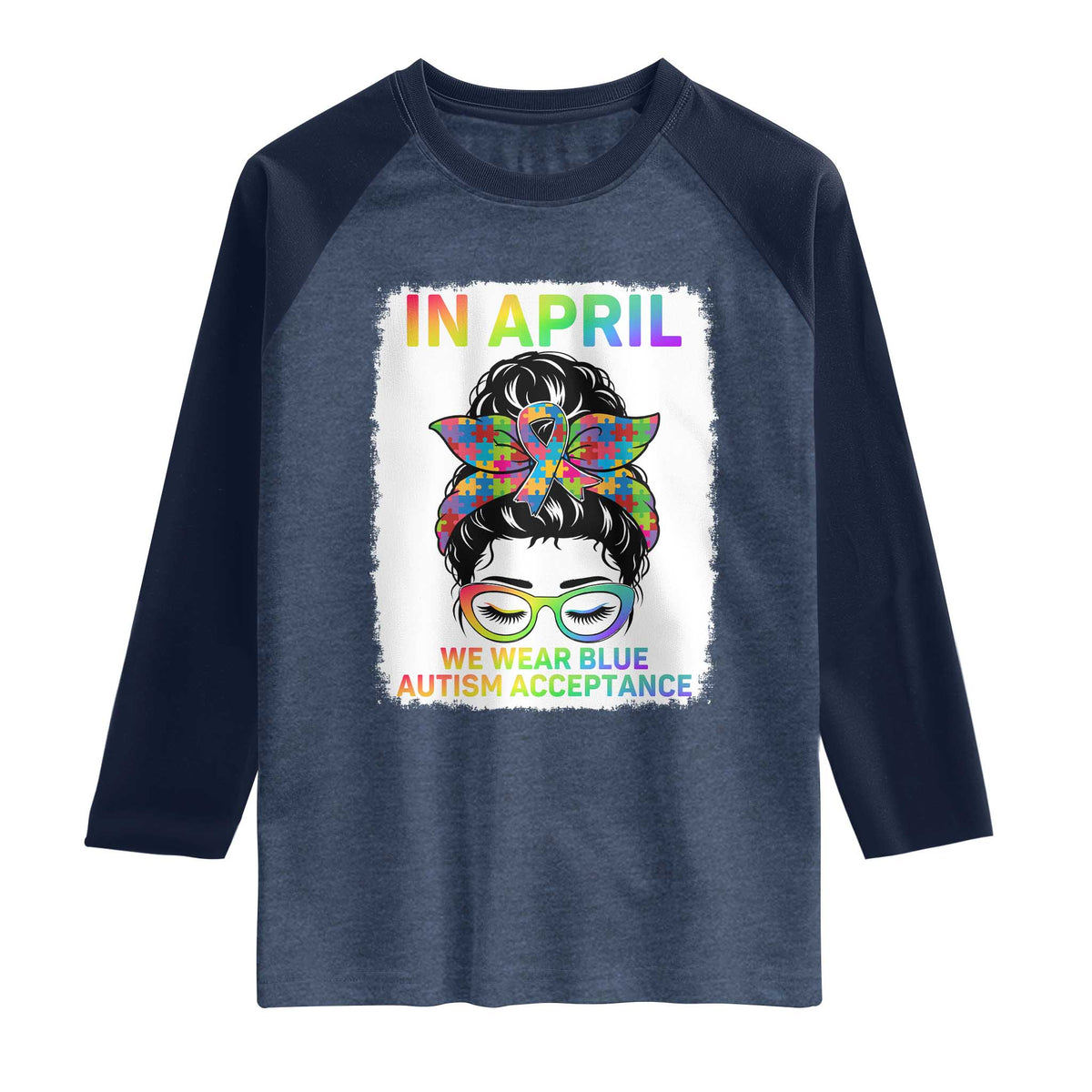 Autism Acceptance Raglan Shirt Neurodivergent Support Messy Bun Ribbon Puzzle TS14 Heather Denim Navy Print Your Wear