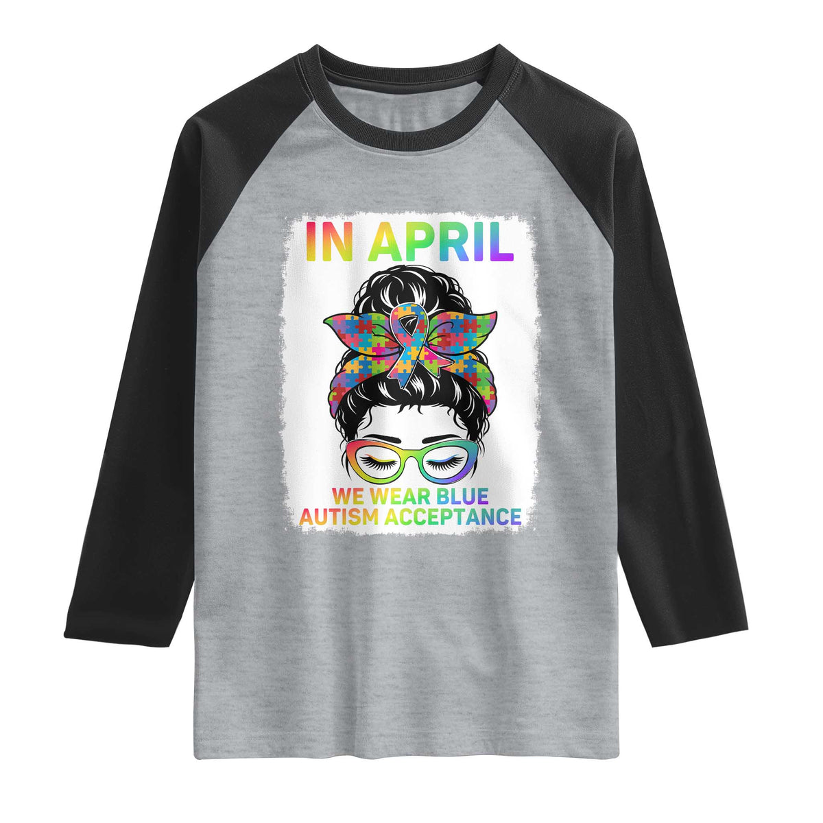 Autism Acceptance Raglan Shirt Neurodivergent Support Messy Bun Ribbon Puzzle TS14 Heather Gray Black Print Your Wear