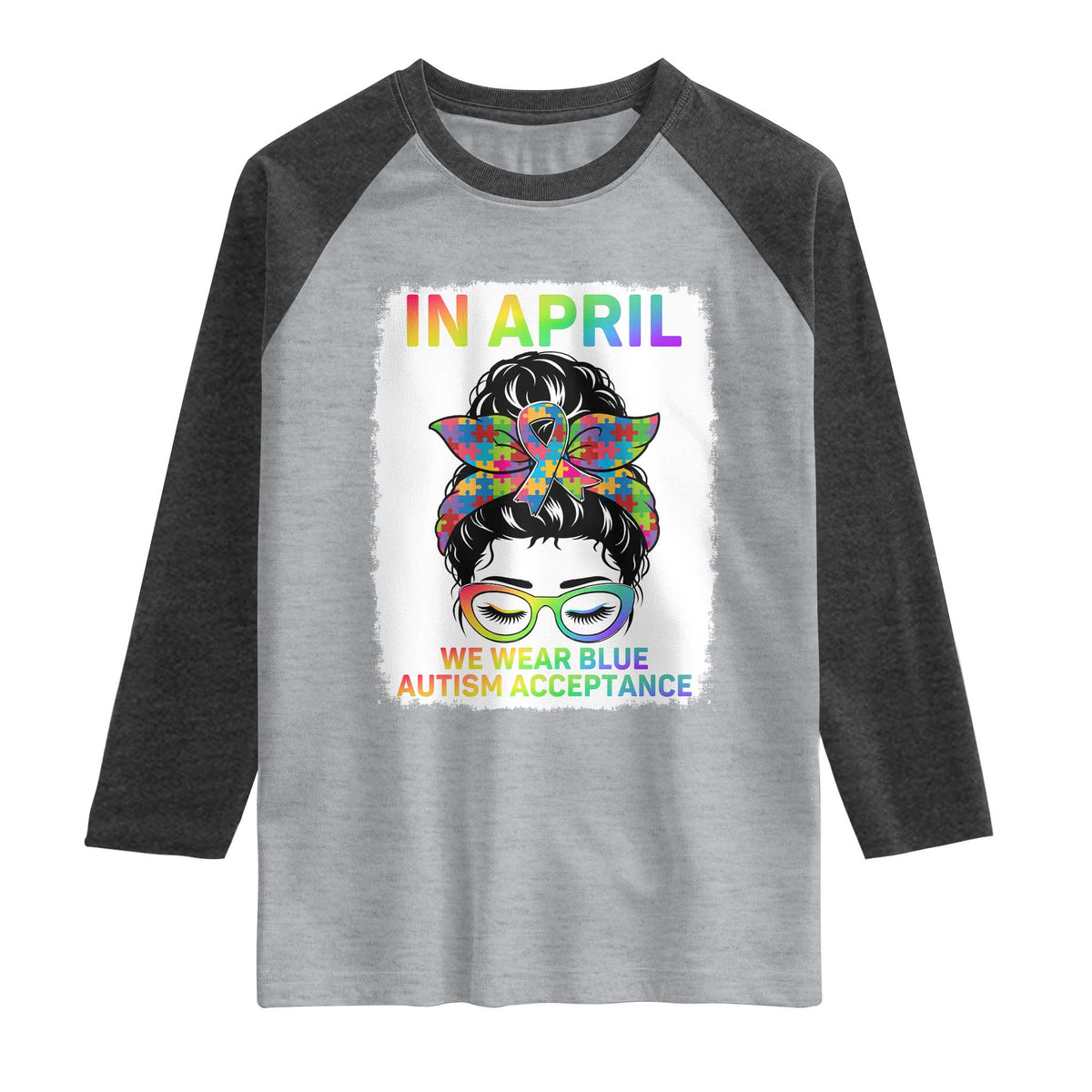 Autism Acceptance Raglan Shirt Neurodivergent Support Messy Bun Ribbon Puzzle TS14 Heather Gray Heather Charcoal Print Your Wear