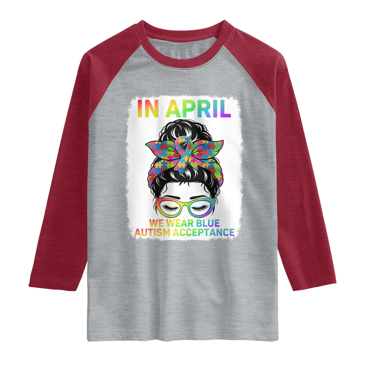 Autism Acceptance Raglan Shirt Neurodivergent Support Messy Bun Ribbon Puzzle TS14 Heather Gray Heather Red Print Your Wear