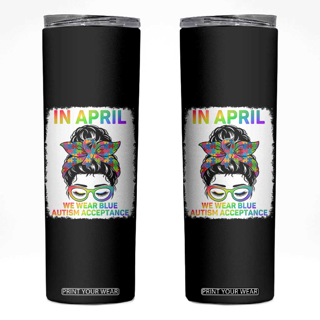 Autism Acceptance Skinny Tumbler Neurodivergent Support Messy Bun Ribbon Puzzle TS14 Black Print Your Wear
