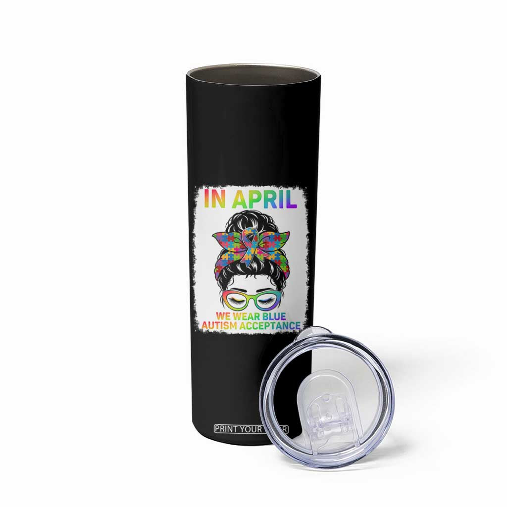 Autism Acceptance Skinny Tumbler Neurodivergent Support Messy Bun Ribbon Puzzle TS14 Print Your Wear