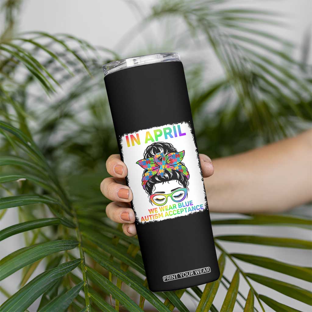 Autism Acceptance Skinny Tumbler Neurodivergent Support Messy Bun Ribbon Puzzle TS14 Print Your Wear
