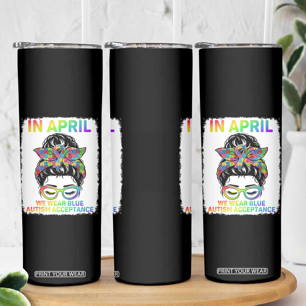 Autism Acceptance Skinny Tumbler Neurodivergent Support Messy Bun Ribbon Puzzle TS14 Print Your Wear